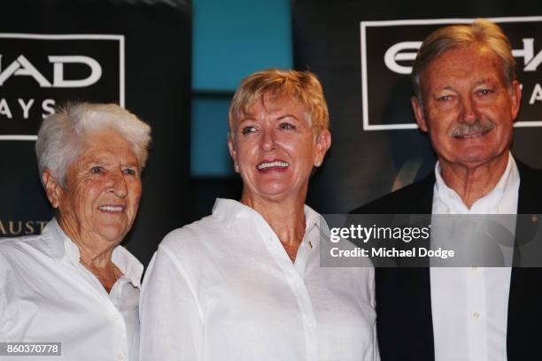 Sport Australia Hall of Fame Inductee and legend Water polo pioneer Debbie Handley Cummins poses with sporting legends Dawn Fraser and John Bertrand...