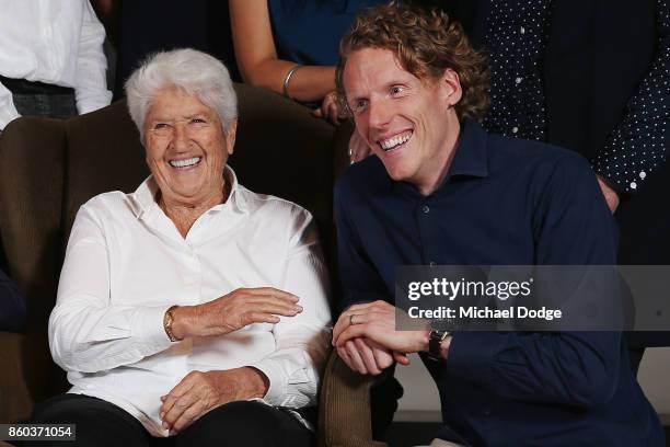 Sport Australia Hall of Fame legend Dawn Fraser poses with legend polevaulter Steve Hooker at the National Sport museum before the Annual Induction...