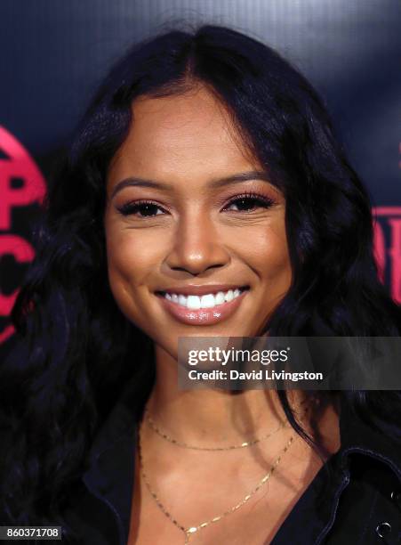 Actress Karrueche Tran attends the premiere for TBS's "Drop The Mic" and "The Joker's Wild" at The Highlight Room on October 11, 2017 in Los Angeles,...