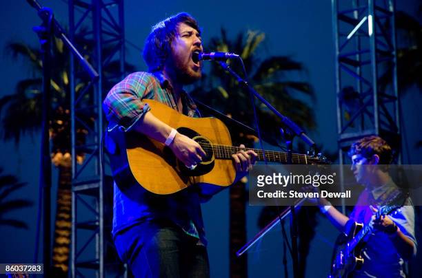 Robin Pecknold and Skyler Skjelset of the Fleet Foxes perform on stage at Coachella Valley Music and Arts Festival 2009 at Empire Polo Field on April...