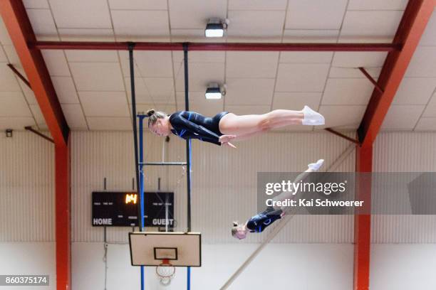 Sarah Jones and Jessica Pickering of Australia competing in the Junior Women's Synchro Trampoline Finals during the NZ Trampoline Gymnastics...