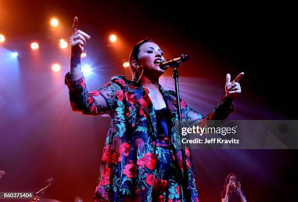 Demi Lovato performs onstage during the "Demi Lovato: Simply Complicated" YouTube premiere at The Fonda Theatre on October 11, 2017 in Los Angeles,...