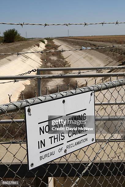 Sign warns that swimming is prohibited in an irrigation canal which has since dried up on April 19, 2009 near Tranquility, California. Central Valley...