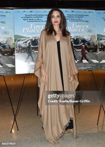 Actress Angelina Jolie attends the premiere of Cohen Media Group's 'Faces Places' at the Pacific Design Center on October 11, 2017 in West Hollywood,...