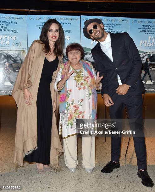 Actress Angelina Jolie, and directors Agnes Varda and JR attend the premiere of Cohen Media Group's 'Faces Places' at the Pacific Design Center on...
