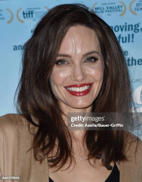 Actress Angelina Jolie attends the premiere of Cohen Media Group's 'Faces Places' at the Pacific Design Center on October 11, 2017 in West Hollywood,...