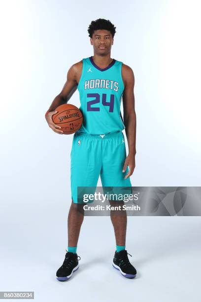 Isaiah Hicks of the Charlotte Hornets poses for a portrait during media day on September 25, 2017 at Spectrum Center in Charlotte, North Carolina....