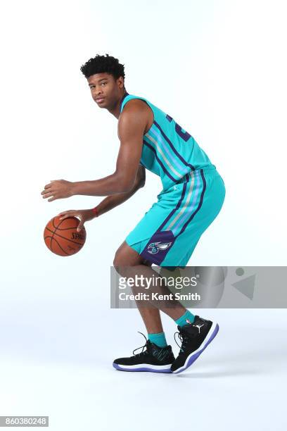 Isaiah Hicks of the Charlotte Hornets poses for a portrait during media day on September 25, 2017 at Spectrum Center in Charlotte, North Carolina....