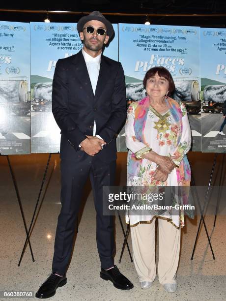 Directors JR and Agnes Varda attend the premiere of Cohen Media Group's 'Faces Places' at the Pacific Design Center on October 11, 2017 in West...