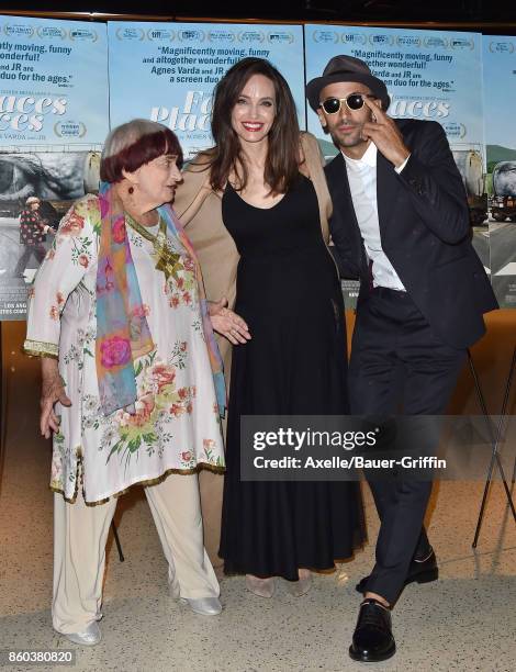 Director Agnes Varda, actress Angelina Jolie and director JR attend the premiere of Cohen Media Group's 'Faces Places' at the Pacific Design Center...