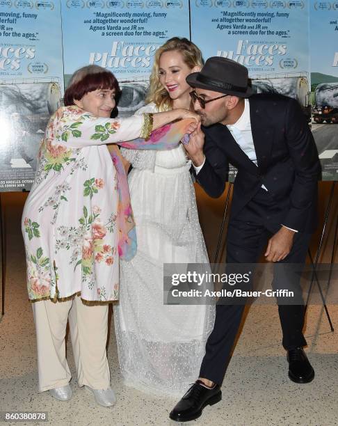 Director Agnes Varda, actress Jennifer Lawrence and director JR attend the premiere of Cohen Media Group's 'Faces Places' at the Pacific Design...