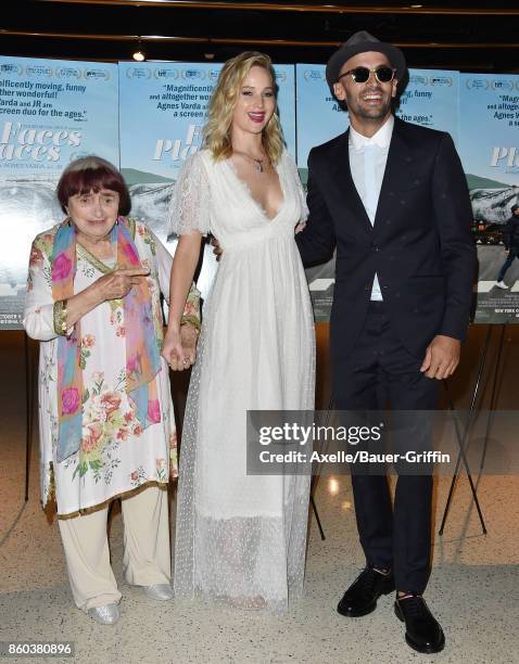 Director Agnes Varda, actress Jennifer Lawrence and director JR attend the premiere of Cohen Media Group's 'Faces Places' at the Pacific Design...