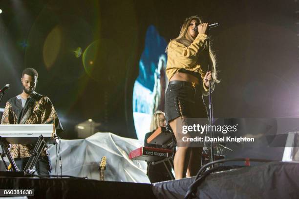 Recording artist Alina Baraz performs on stage in support of Colplay at SDCCU Stadium on October 8, 2017 in San Diego, California.