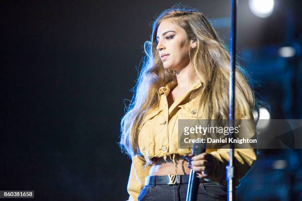 Recording artist Alina Baraz performs on stage in support of Colplay at SDCCU Stadium on October 8, 2017 in San Diego, California.