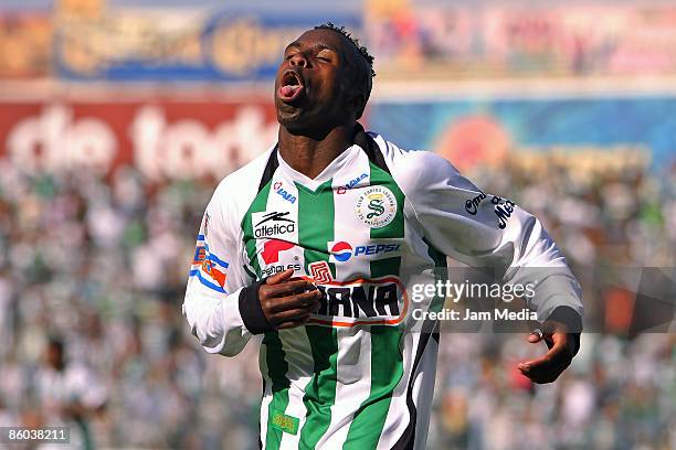 Santos player Christian Benitez celebrates his score goal during their match in the 2009 Clausura tournament, the closing stage of the Mexican...