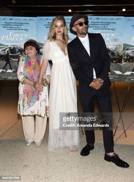 Director Agnes Varda, actress Jennifer Lawrence and director JR attend the premiere of Cohen Media Group's "Faces Places" at the Pacific Design...