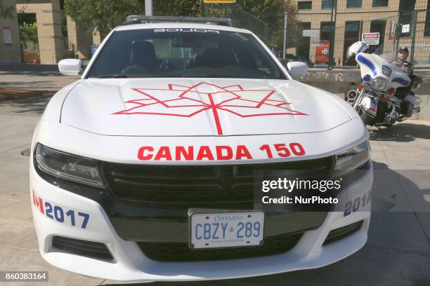 Peel Regional Police car decorated with the 'Canada 150' emblem in Mississauga, Ontario Canada, in celebration of the 150th birthday of Canada. The...