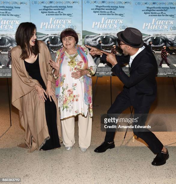 Actress Angelina Jolie and directors Agnes Varda and JR attend the premiere of Cohen Media Group's "Faces Places" at the Pacific Design Center on...