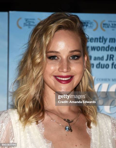 Actress Jennifer Lawrence attends the premiere of Cohen Media Group's "Faces Places" at the Pacific Design Center on October 11, 2017 in West...