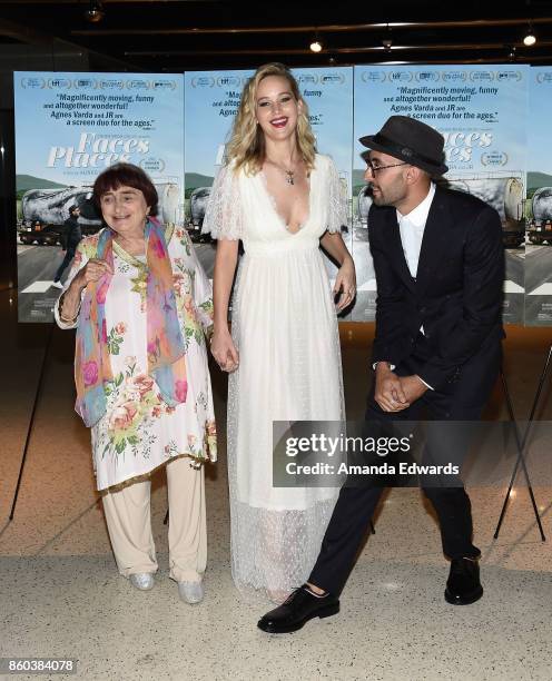 Director Agnes Varda, actress Jennifer Lawrence and director JR attend the premiere of Cohen Media Group's "Faces Places" at the Pacific Design...