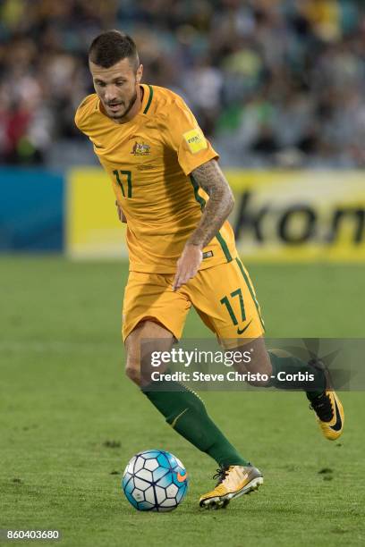 Nikita Rukavytsya of Australia in action during the 2018 FIFA World Cup Asian Playoff match between the Australian Socceroos and Syria at ANZ Stadium...