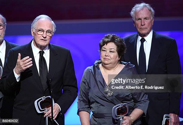 Actor Alan Alda, Actress Kellye Nakahara Wallet and Actor Wayne Rogers onstage at the 7th Annual TV Land Awards held at Gibson Amphitheatre on April...
