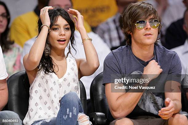 Vanessa Hudgens and Zac Efron attend the Los Angeles Lakers vs Utah Jazz at the Staples Center on April 19, 2009 in Los Angeles, California.