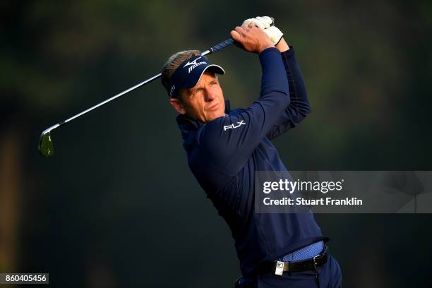 Luke Donald of England plays a shot on Day One of the Italian Open at Golf Club Milano - Parco Reale di Monza on October 12, 2017 in Monza, Italy.