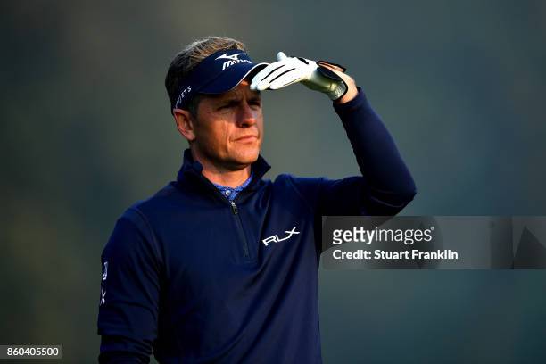 Luke Donald of England looks at a shot on Day One of the Italian Open at Golf Club Milano - Parco Reale di Monza on October 12, 2017 in Monza, Italy.