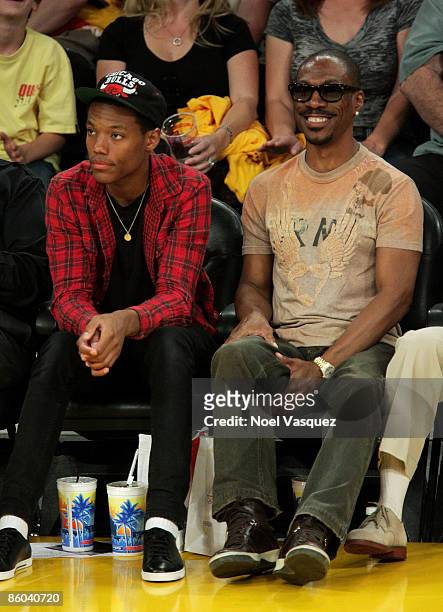 Eddie Murphy and his son attend the Los Angeles Lakers vs Utah Jazz at the Staples Center on April 19, 2009 in Los Angeles, California.