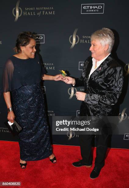 Raelene Boyle poses with Cathy Freeman at the Sport Australia Hall of Fame Annual Induction and Awards Gala Dinner at Crown Palladium on October 12,...