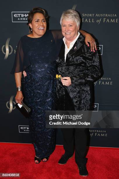 Raelene Boyle poses with Cathy Freeman at the Sport Australia Hall of Fame Annual Induction and Awards Gala Dinner at Crown Palladium on October 12,...