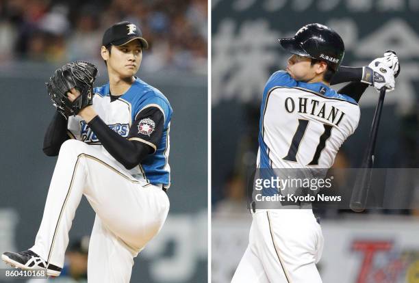 Combined photo shows Nippon Ham Fighters two-way player Shohei Otani pitching and hitting in a game against the Orix Buffaloes at Sapporo Dome on...