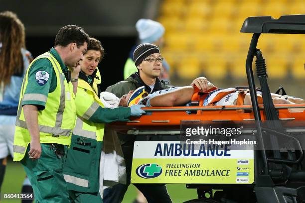 Jack Ram of Northland is stretchered off with an injury during the round nine Mitre 10 Cup match between Wellington and Northland at Westpac Stadium...