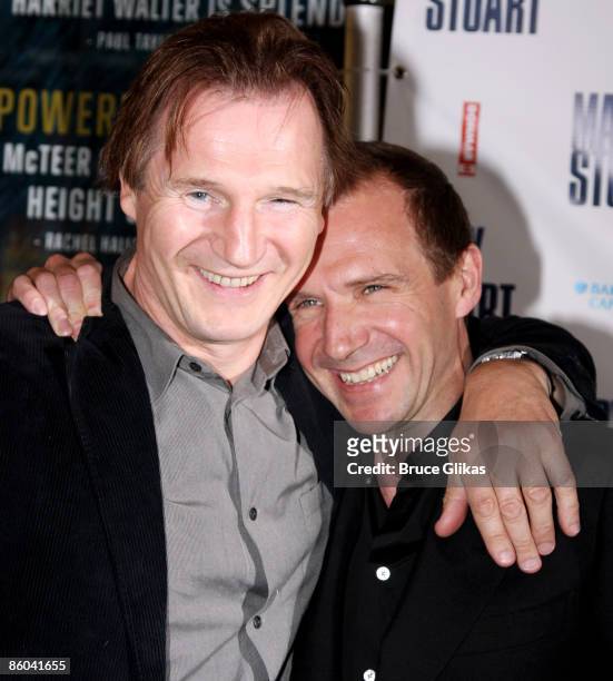 Liam Neeson and Ralph Fiennes attend the opening night of "Mary Stuart" on Broadway at the Broadhurst Theatre on April 19, 2009 in New York City.