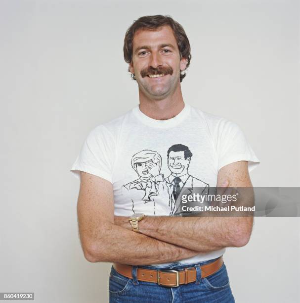 Australian cricketer Dennis Lillee, 1981. He is wearing a t-shirt bearing a caricature of Princess Diana and Prince Charles.