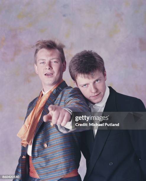 English singer-songwriter and musicians Graham 'Suggs' McPherson and Chas Smash of ska group Madness, London, UK, 1985.