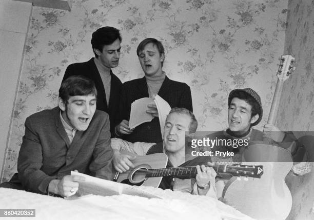 British humorous pop group The Barron Knights, UK, 1st March 1976. Not in order: bassist Barron Antony, guitarist Peter Langford, singer Duke D'Mond...