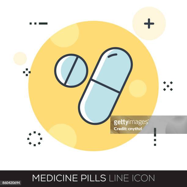 ilustraciones, imágenes clip art, dibujos animados e iconos de stock de icono de línea de las píldoras de medicina - pil