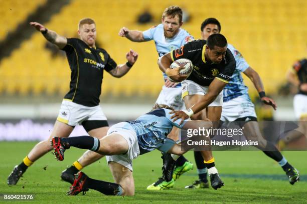 Julian Savea of Wellington is tackled during the round nine Mitre 10 Cup match between Wellington and Northland at Westpac Stadium on October 12,...
