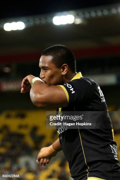 Julian Savea of Wellington celebrates after scoring a try during the round nine Mitre 10 Cup match between Wellington and Northland at Westpac...