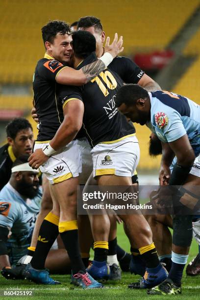 Asafo Aumua of Wellington celebrates with Carlos Price after scoring a try during the round nine Mitre 10 Cup match between Wellington and Northland...