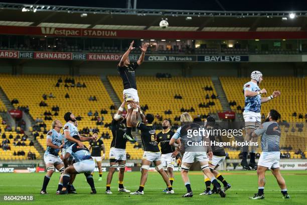 Sam Lousi of Wellington wins a lineout during the round nine Mitre 10 Cup match between Wellington and Northland at Westpac Stadium on October 12,...