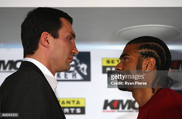 David Haye of the United Kingdom and Wladimir Klitschko of Ukraine pose during a press conference at The Hospital Club on April 20, 2009 in London,...