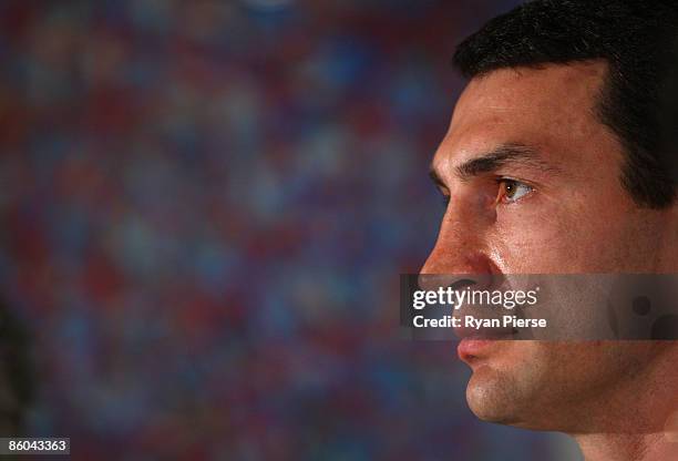 Wladimir Klitschko of the Ukraine speaks to reporters during a press conference at The Hospital Club on April 20, 2009 in London, England. The IBF,...