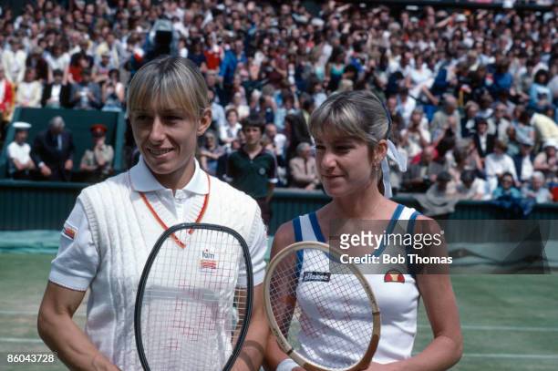 Martina Navratilova and Chris Evert Lloyd of the USA pose together before the start of the Ladies Singles Final of the Wimbledon Lawn Tennis...