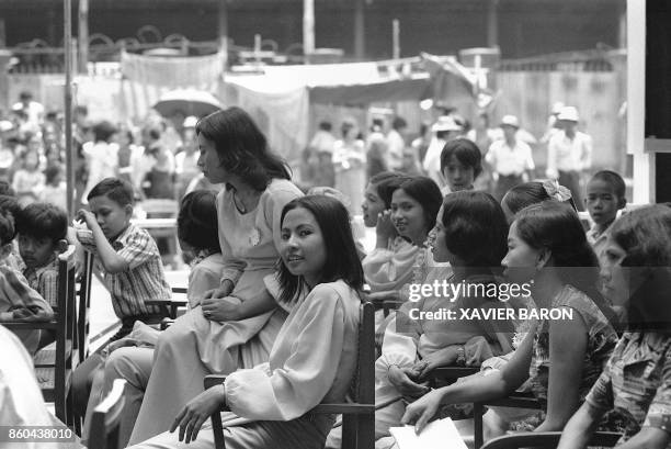 Burmese young dancers get prepared during the New Year Day, in April 1980 in Rangoon.