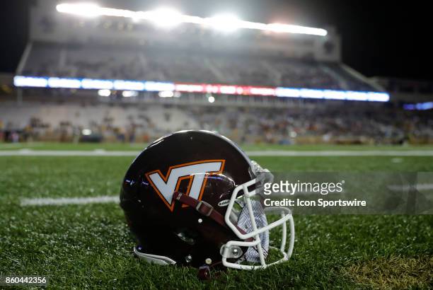 Virginia Tech helmet during a game between the Boston College Eagles and the Virginia Tech Hokies on October 7 at Alumni Stadium in Chestnut Hill,...
