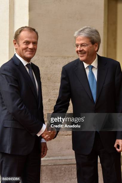 Italian Prime Minister Paolo Gentiloni welcomes President of European Council Donald Tusk ahead of their meeting at Palazzo Chigi in Rome, Italy on...