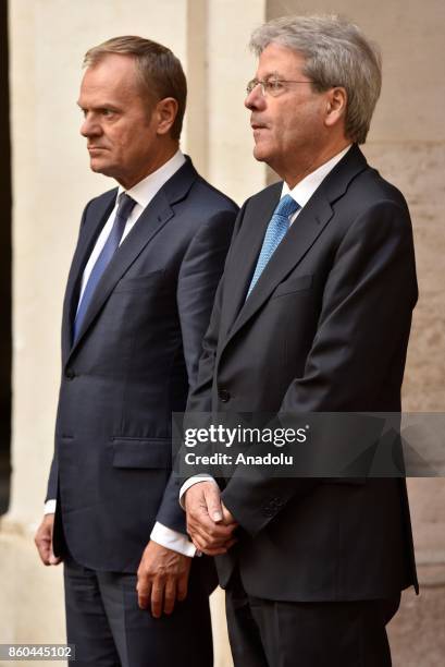 Italian Prime Minister Paolo Gentiloni welcomes President of European Council Donald Tusk with an welcoming ceremony at Palazzo Chigi in Rome, Italy...